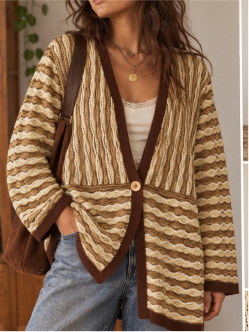 Vintage Christopher & Banks 90s Earth Tone Chevron Wavy Stripe Knit Cardigan